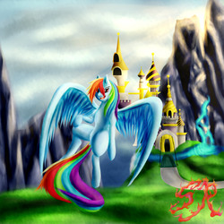 Size: 2880x2880 | Tagged: safe, artist:swiftriff, rainbow dash, pegasus, pony, g4, female, flying, high res, solo, spread wings