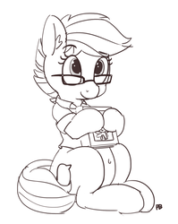 Size: 1280x1609 | Tagged: safe, artist:pabbley, quibble pants, pony, g4, belly button, book, bottomless, clothes, glasses, monochrome, partial nudity, rule 63, simple background, sitting, solo, squabble skirt, white background