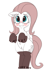 Size: 1265x1920 | Tagged: safe, artist:pabbley, fluttershy, pegasus, pony, g4, belly button, bipedal, blushing, clothes, female, floppy ears, partial color, shoes, simple background, smiling, solo, stockings, thigh highs, white background