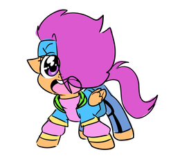 Size: 652x600 | Tagged: safe, artist:thegreatrouge, scootaloo, pegasus, pony, g4, 80s, clothes, cute, cutealoo, excited, female, filly, floppy ears, foal, folded wings, hair over one eye, happy, jacket, open mouth, simple background, solo, sweatband, white background, wings