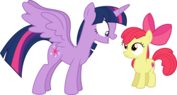 Size: 11857x6400 | Tagged: safe, artist:parclytaxel, apple bloom, twilight sparkle, alicorn, earth pony, pony, g4, the fault in our cutie marks, .svg available, absurd resolution, excited, female, filly, simple background, spread wings, stare, transparent background, twilight sparkle (alicorn), vector