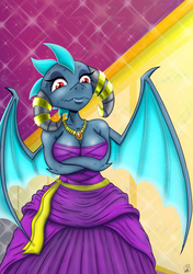 Size: 3541x5016 | Tagged: safe, artist:dinodraketakethecake, princess ember, dragon, anthro, g4, absurd resolution, breasts, busty princess ember, cleavage, clothes, crossed arms, dress, female, gala dress, jewelry, queen, solo