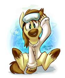 Size: 805x961 | Tagged: source needed, useless source url, safe, artist:thedoggygal, oc, oc only, oc:calpain, earth pony, pony, clothes, cute, goggles, lab coat, looking at you, ocbetes, sitting, solo, unshorn fetlocks