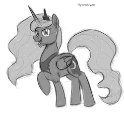 Size: 1700x1700 | Tagged: safe, artist:hypno, princess luna, alicorn, pony, g4, female, grayscale, looking at you, monochrome, raised hoof, simple background, sketch, smiling, solo, white background