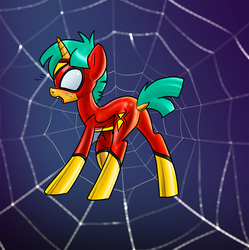 Size: 1920x1926 | Tagged: safe, artist:pencils, snails, pony, unicorn, g4, butt, clothes, costume, dock, freckles, glitter shell, male, marvel comics, plot, solo, spider web, spider-woman