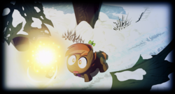 Size: 1600x864 | Tagged: safe, artist:vulfixeven, button mash, g4, forest, glowing, looking up, magic, male, orb, snow, solo, wide eyes, winter