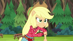 Size: 1280x720 | Tagged: safe, screencap, applejack, equestria girls, g4, my little pony equestria girls: legend of everfree, boho, camp fashion show outfit, clothes, female, freckles, picnic table, ponied up, shorts, solo, table, tree