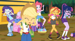 Size: 1180x650 | Tagged: safe, screencap, applejack, pinkie pie, rarity, sci-twi, sunset shimmer, twilight sparkle, equestria girls, g4, my little pony equestria girls: legend of everfree, animated, bags, boots, bracelet, clothes, converse, cropped, derp, duffle bag, faic, female, forest, gif, jewelry, pinkie derp, school bus, shoes, shorts, sneakers