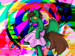 Size: 1033x774 | Tagged: safe, artist:treby, oc, oc only, oc:frost d. tart, alicorn, pony, abstract background, alicorn oc, ballerina, clothes, crossdressing, dancing, derp, hypnosis, hypnotized, tutu