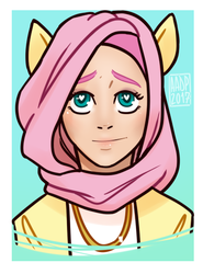 Size: 379x511 | Tagged: safe, artist:alvrexadpot, fluttershy, human, g4, bust, female, heart eyes, hijab, humanized, islamashy, jewelry, necklace, simple background, solo, wingding eyes