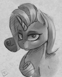 Size: 1008x1239 | Tagged: safe, artist:post-it, rarity, g4, colored sketch, female, monochrome, solo