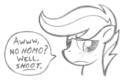 Size: 500x334 | Tagged: safe, artist:texasuberalles, scootaloo, pegasus, pony, g4, blushing, disappointed, female, filly, grayscale, implied lesbian, looking down, monochrome, no homo, pencil drawing, simple background, solo, speech bubble, traditional art, white background