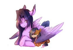 Size: 1600x1097 | Tagged: safe, artist:myralilth, oc, oc only, oc:fawn, oc:quiyl, pegasus, pony, female, filly, mare, prone, simple background, transparent background, wing blanket