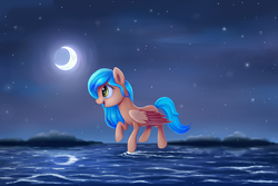 Size: 3000x2000 | Tagged: safe, artist:thebowtieone, oc, oc only, oc:phoenix mask, pegasus, pony, crescent moon, female, flying, high res, mare, moon, night, ocean, skimming, solo, stars