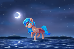 Size: 3000x2000 | Tagged: safe, artist:thebowtieone, oc, oc only, oc:phoenix mask, pegasus, pony, crescent moon, eyelashes, female, flying, high res, mare, moon, night, ocean, open mouth, open smile, skimming, smiling, solo, stars