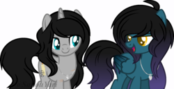 Size: 800x408 | Tagged: safe, artist:t-aroutachiikun, oc, oc only, oc:aquamarine black, oc:mystic flare, pegasus, pony, unicorn, base used, female, mare, simple background, transparent background