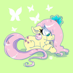 Size: 800x800 | Tagged: safe, artist:greenwiggly, fluttershy, pegasus, pony, g4, crossed hooves, cutie mark, female, floppy ears, flower, flower in hair, frown, green background, prone, sad, simple background, solo, wingless