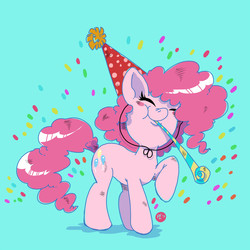 Size: 800x800 | Tagged: safe, artist:greenwiggly, pinkie pie, earth pony, pony, g4, blue background, blushing, confetti, cute, cutie mark, diapinkes, female, hat, noisemaker, party hat, simple background, solo