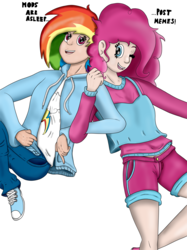 Size: 2236x2984 | Tagged: safe, artist:thebadgrinch, pinkie pie, rainbow dash, human, g4, clothes, happy, high res, humanized, jacket, mods are asleep, one eye closed, pants, shorts, simple background, smiling, white background, wink