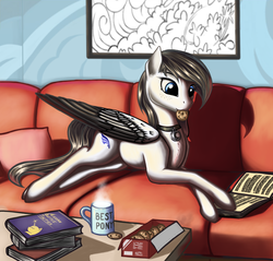 Size: 2336x2237 | Tagged: safe, artist:lightly-san, oc, oc only, oc:lamika, pegasus, pony, best pony, book, commission, cookie, couch, crossed hooves, drink, food, freckles, high res, indoors, mouth hold, mug, reading, solo