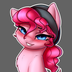 Size: 2400x2400 | Tagged: safe, artist:captainpudgemuffin, pinkie pie, earth pony, pony, g4, blushing, bust, chest fluff, female, gray background, hat, high res, lidded eyes, looking at you, mare, ponytail, simple background, smiling, solo