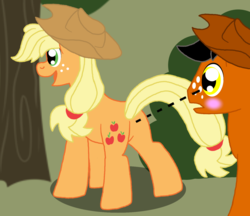 Size: 1461x1263 | Tagged: safe, artist:pandalove93, applejack, oc, oc:coffeemac, earth pony, pony, g4, applebutt, butt, canon x oc, eyes on the prize, female, hat, looking at butt, male, plot, shipping, straight