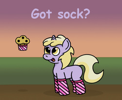 Size: 851x693 | Tagged: safe, artist:gogglesparks, dinky hooves, g4, clothes, female, food, muffin, sock, socks, solo, striped socks