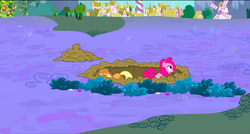 Size: 1360x730 | Tagged: safe, screencap, applejack, pinkie pie, earth pony, pony, dragon quest, g4, digging, dirt, duo, female, hole, mare, mouth hold, shovel