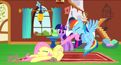 Size: 1360x729 | Tagged: safe, screencap, fluttershy, rainbow dash, twilight sparkle, pony, dragon quest, g4, dragging, eyes closed, fluttershy's cottage, fluttershy's cottage (interior), flying, mouth hold, tail pull