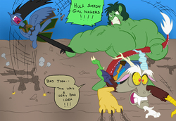 Size: 4000x2756 | Tagged: safe, artist:edcom02, artist:jmkplover, discord, pony, g4, avengers, bloodshot eyes, crossover, loki, muscles, overdeveloped muscles, ponified, rule 63, s.a.m: adventures in gender-bending, the incredible hulk, transformation, transgender transformation, vein