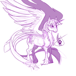 Size: 1024x1024 | Tagged: safe, artist:themerrywolf, twilight sparkle, alicorn, classical unicorn, pony, g4, cloven hooves, female, horn, leonine tail, monochrome, simple background, sketch, solo, spread wings, twilight sparkle (alicorn), unshorn fetlocks, watermark, white background