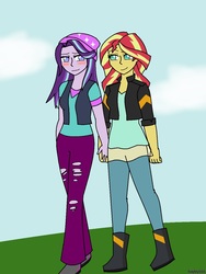 Size: 960x1280 | Tagged: safe, artist:hayley566, starlight glimmer, sunset shimmer, equestria girls, g4, beanie, blushing, boots, clothes, duo, female, hat, holding hands, jacket, leather jacket, lesbian, pants, ship:shimmerglimmer, shipping, shoes, torn clothes