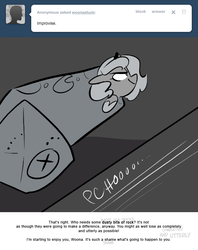 Size: 666x839 | Tagged: safe, artist:egophiliac, princess luna, moonstuck, g4, ask, cartographer's cannon, female, filly, grayscale, monochrome, solo, tumblr, woona, younger
