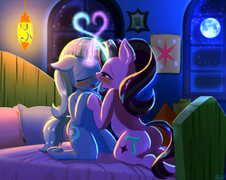 Size: 1500x1200 | Tagged: safe, artist:phoenixperegrine, starlight glimmer, trixie, pony, unicorn, semi-anthro, anatomically incorrect, bed, bedroom, bedroom eyes, blushing, butt, cutie mark, duo, duo female, eyes closed, female, floppy ears, full moon, glowing horn, heart, incorrect leg anatomy, kissing, kneeling, lesbian, magic, moon, night, open mouth, pillow, plot, shipping, starlight's room, stars, startrix, underhoof, window