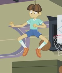 Size: 403x480 | Tagged: safe, screencap, wiz kid, equestria girls, g4, my little pony equestria girls: friendship games, photo finished, basketball, basketball net, clothes, looking down, male, shoes, short, shorts, socks, solo