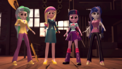 Size: 1920x1080 | Tagged: safe, artist:razethebeast, dean cadance, princess cadance, princess celestia, princess luna, principal celestia, twilight sparkle, vice principal luna, equestria girls, g4, 3d, clothes, everyone gets a sword, group, halberd, high heels, leg warmers, looking at you, royal sisters, serious, serious face, shoes, skirt, source filmmaker, sword, weapon