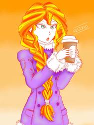 Size: 1091x1446 | Tagged: safe, artist:deeemperor, sunset shimmer, equestria girls, g4, alternate hairstyle, braid, clothes, coat, coffee, cup, female, gradient background, human coloration, open mouth, signature, solo, winter outfit