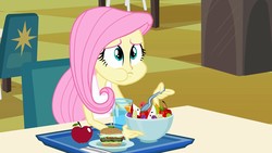 Size: 1920x1080 | Tagged: safe, screencap, fluttershy, equestria girls, g4, my little pony equestria girls, apple, aweeg*, burger, eating, female, food, fruit salad, puffy cheeks, salad, solo, spoon