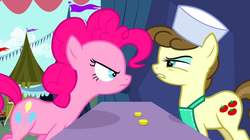 Size: 1024x575 | Tagged: safe, screencap, pinkie pie, roma, g4, putting your hoof down, bits, food, tomato