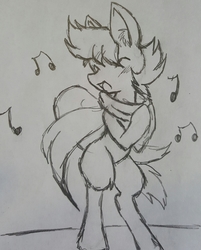 Size: 2660x3313 | Tagged: safe, artist:steelsoul, oc, oc only, oc:himmel, pony, bipedal, clothes, colt, cute, high res, male, music notes, scarf, singing, solo, traditional art
