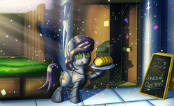 Size: 2800x1700 | Tagged: safe, artist:elmutanto, sweetie belle, pony, robot, robot pony, unicorn, g4, bakery, confetti, cutie mark, female, filly, foal, grand opening, hooves, horn, looking at you, solo, sweetie bot, text