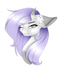 Size: 1784x2000 | Tagged: safe, artist:minelvi, oc, oc only, oc:moon dream, pony, bust, eyelashes, female, horn, mare, one eye closed, portrait, signature, simple background, solo, transparent background, wink