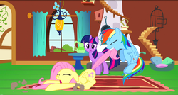 Size: 1360x730 | Tagged: safe, screencap, fluttershy, rainbow dash, twilight sparkle, pegasus, pony, unicorn, dragon quest, g4, dragging, eyes closed, floppy ears, fluttershy's cottage, fluttershy's cottage (interior), lying down, mouth hold, tail pull, unicorn twilight