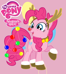 Size: 992x1123 | Tagged: safe, artist:flizzick, artist:kumikoponylk, pinkie pie, g4, animal costume, christmas, clothes, costume, female, pink background, reindeer costume, simple background, solo