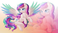 Size: 1024x576 | Tagged: safe, artist:novaintellus, oc, oc only, oc:starburst, pegasus, pony, colored wings, colored wingtips, female, flying, mare, multicolored wings, solo, underhoof, zoom layer