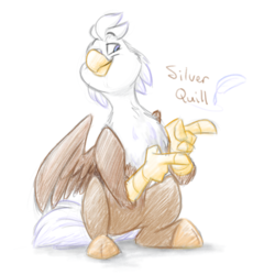 Size: 1243x1293 | Tagged: safe, artist:luximus17, oc, oc only, oc:silver quill, classical hippogriff, hippogriff, finger gun, finger guns, simple background, solo, traditional art, white background