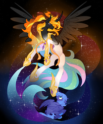 Size: 4604x5532 | Tagged: safe, artist:taiga-blackfield, nightmare star, princess celestia, princess luna, alicorn, pony, g4, absurd resolution, flying, s1 luna, sitting, spread wings, transformation