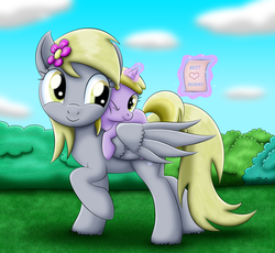 Size: 2656x2446 | Tagged: safe, artist:lifesharbinger, derpy hooves, dinky hooves, pegasus, pony, unicorn, g4, dinky riding derpy, equestria's best daughter, equestria's best mother, female, filly, flower, flower in hair, headcanon, high res, magic, mare, note, one eye closed, ponies riding ponies, raised hoof, riding, smiling, telekinesis, wink