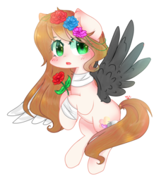 Size: 1343x1473 | Tagged: safe, artist:windymils, oc, oc only, pegasus, pony, bandage, blushing, colored wings, female, floral head wreath, flower, flying, mare, simple background, solo, transparent background