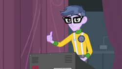 Size: 854x480 | Tagged: safe, screencap, microchips, equestria girls, g4, clothes, glasses, male, smiling, solo, thumbs up
